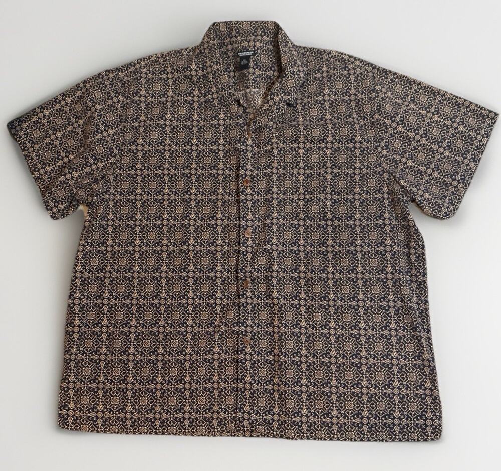 Men’s Short Sleeve Button-Down Shirt – Navy Blue with Tan Geometric XXL Polo Jea